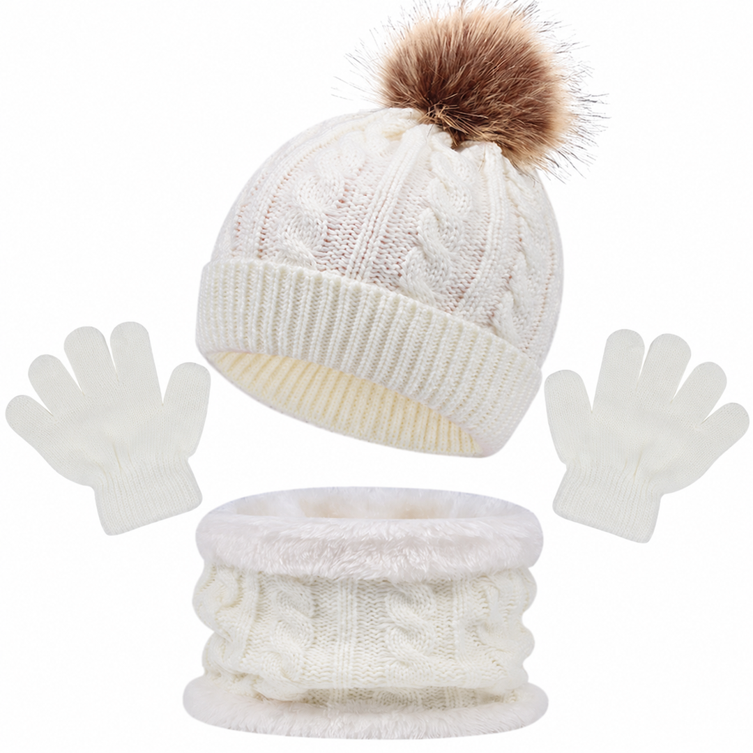 White cable-knit winter set with a single-pom-pom hat, loop scarf, and gloves