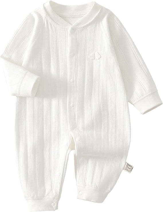 White long-sleeve cotton baby romper with front snaps and full-length legs