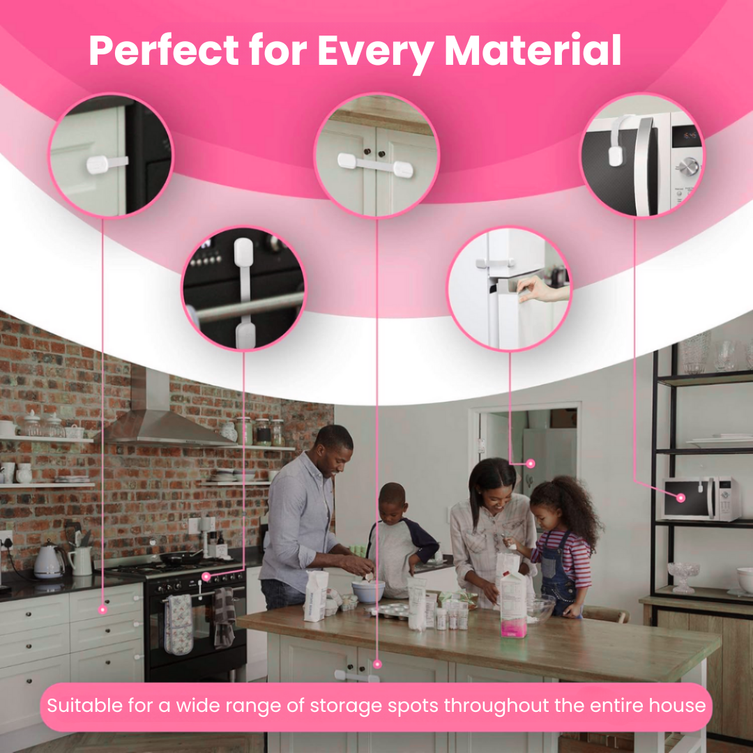 White cabinet latch installation examples on different household surfaces
