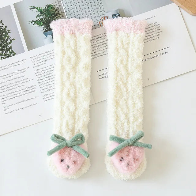 White strawberry long socks with green bows and pink trim