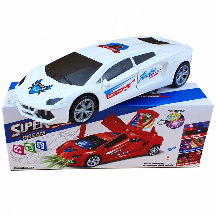 White police-style toy car displayed on its retail box.