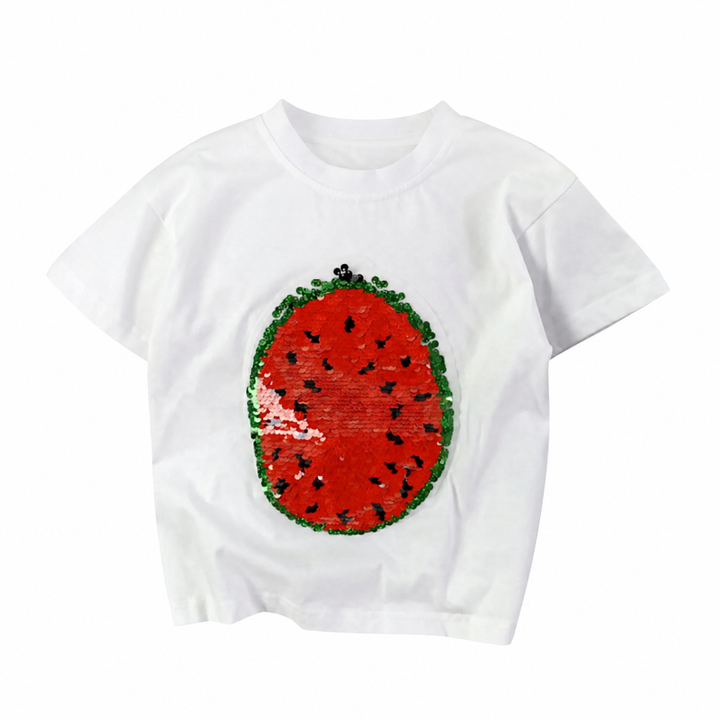 White crew-neck T-shirt with a red watermelon sequin design and black seeds