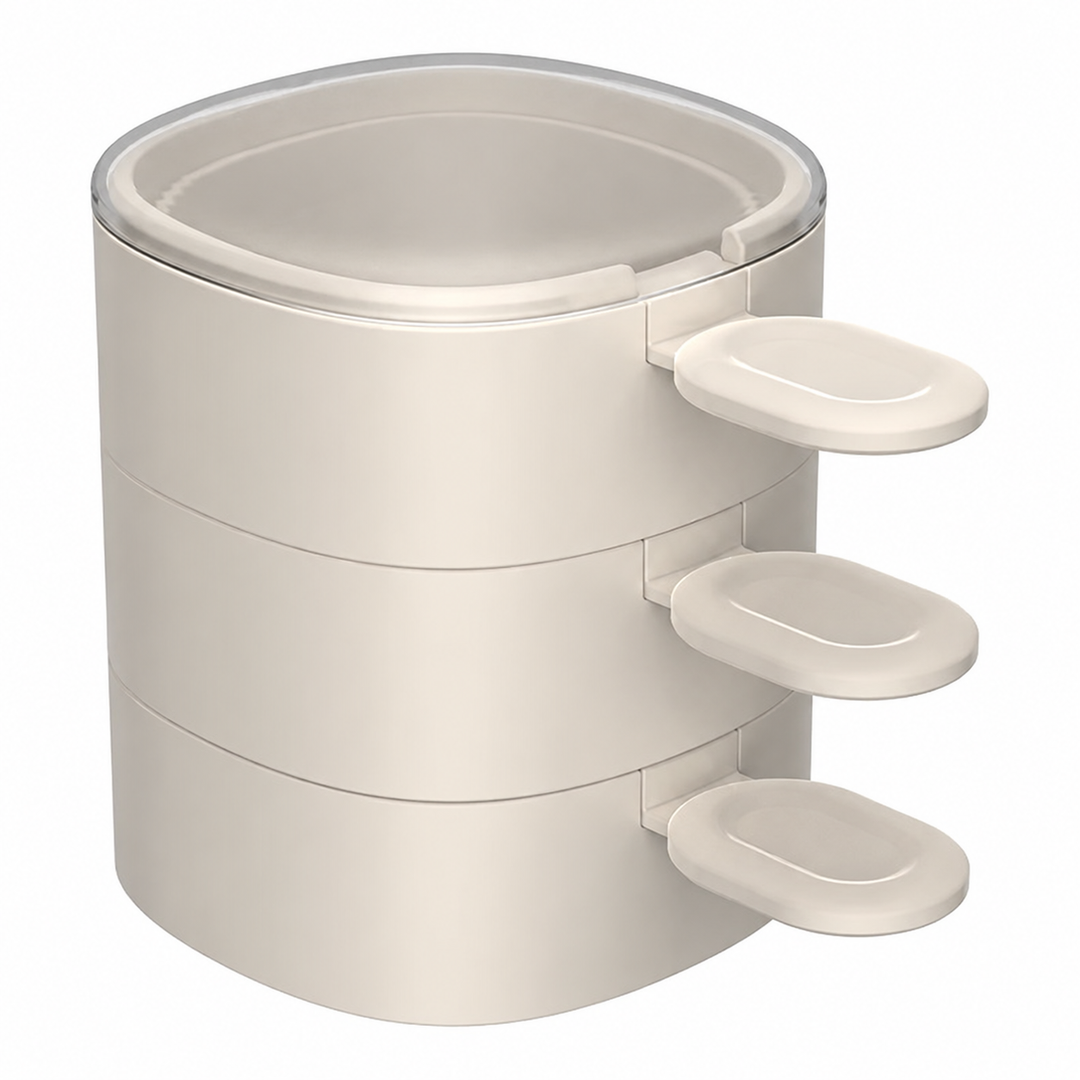 Three white ice cream molds stacked with matching spoons and a clear lid on top.