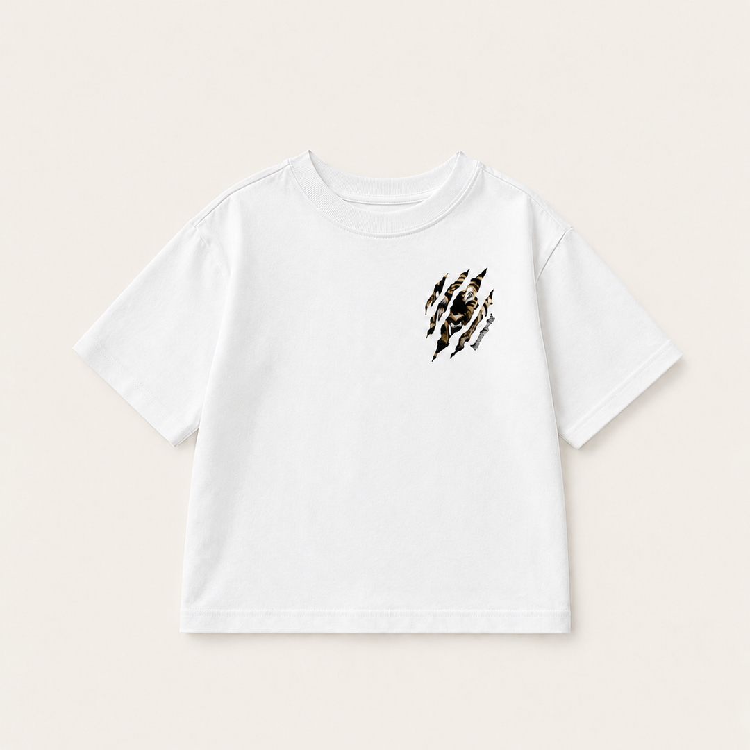 Front of the white short-sleeve T-shirt with a small tiger graphic on the chest.