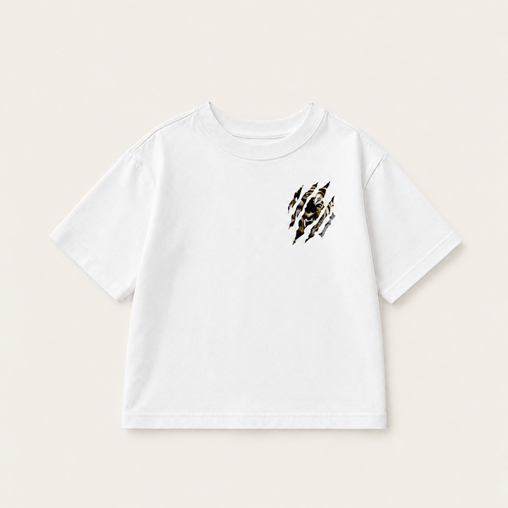 Front of the white short-sleeve T-shirt with a small tiger graphic on the chest.