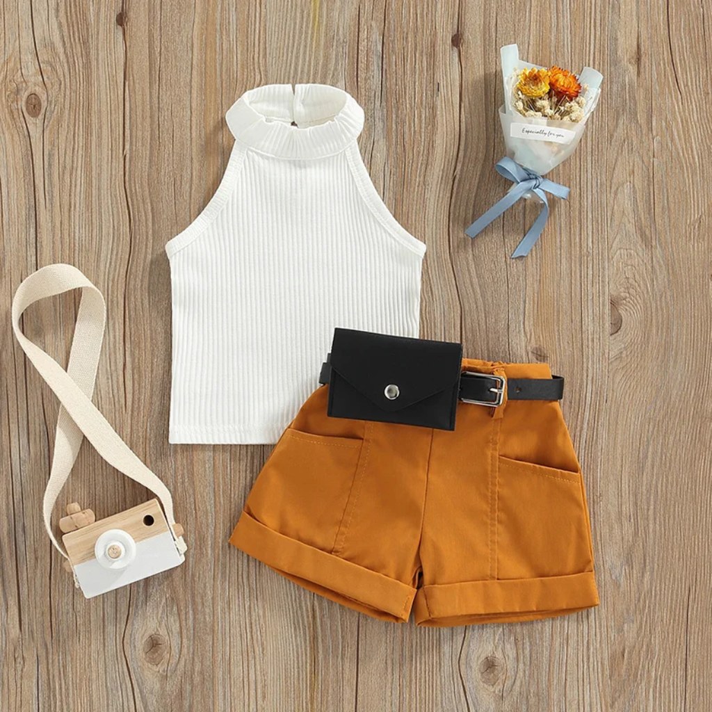 White top color option with mustard shorts and a black belt bag.