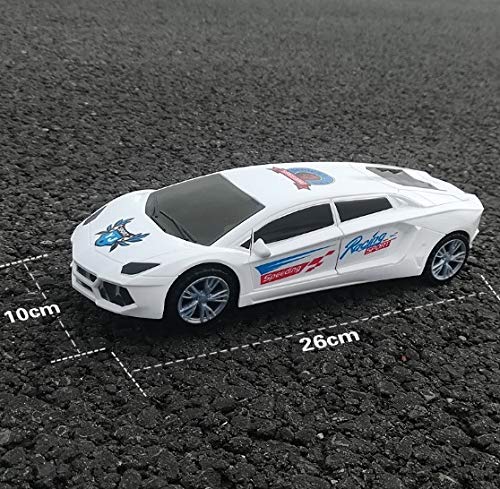 White toy car on a textured surface with length and width measurements marked.