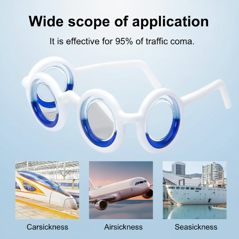 White travel glasses with pictures of a train, airplane, and boat