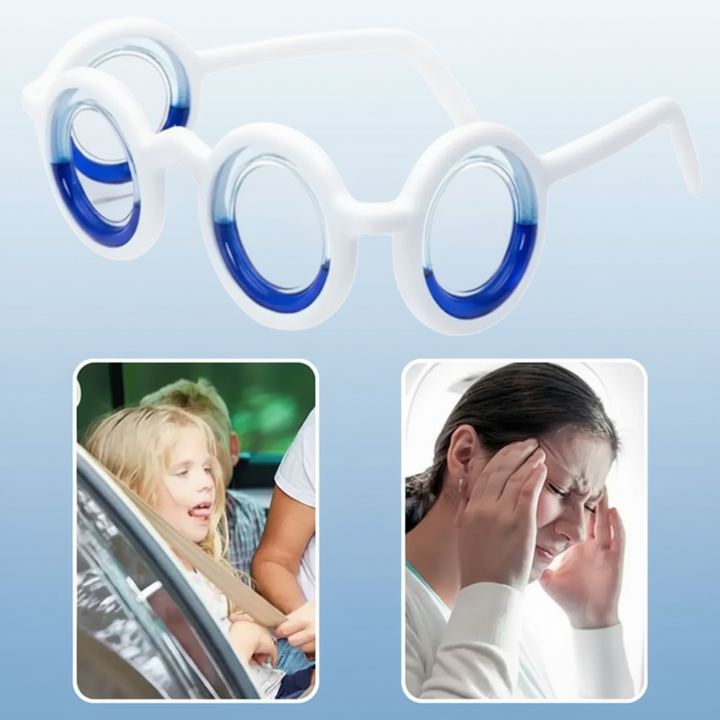 White lens-free glasses above scenes of a child in a car and an adult holding her head
