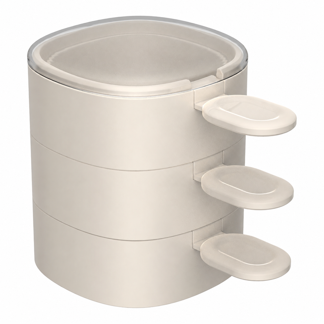 White three-mold option shown stacked with three matching spoons and a transparent top lid.