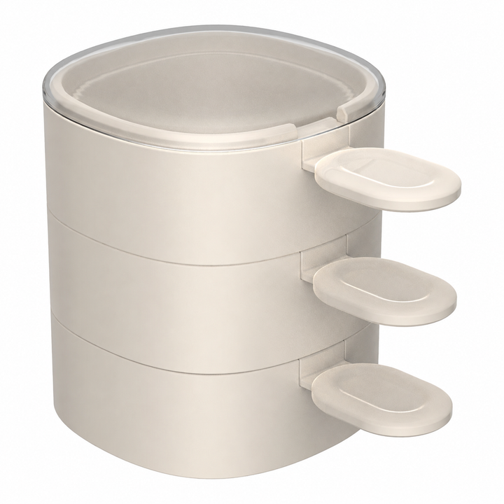 White three-mold option shown stacked with three matching spoons and a transparent top lid.