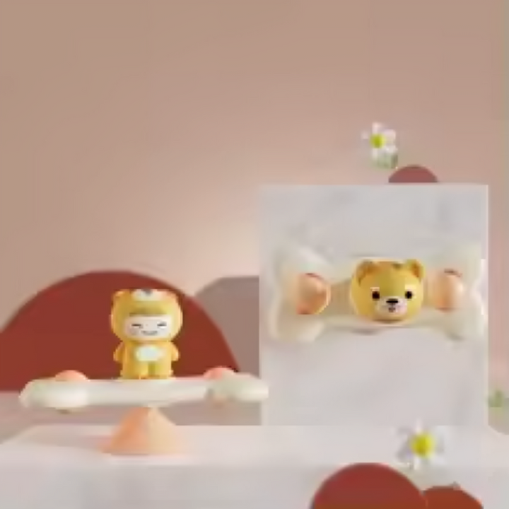 White two-arm animal spinner with peach details, shown from the front and side