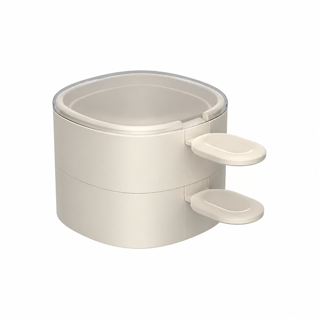 Two white ice cream molds stacked with matching spoons and a clear lid on top.
