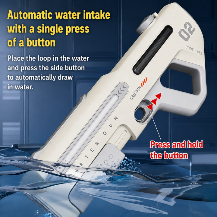 White water blaster graphic showing automatic water intake using the side button