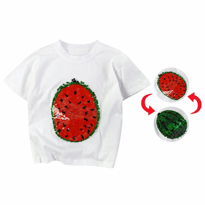White watermelon T-shirt with arrows showing the reversible red and green sequin designs