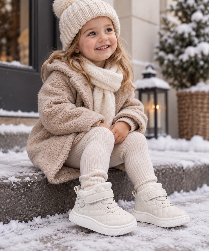 Child wearing white winter boots while sitting on snowy steps