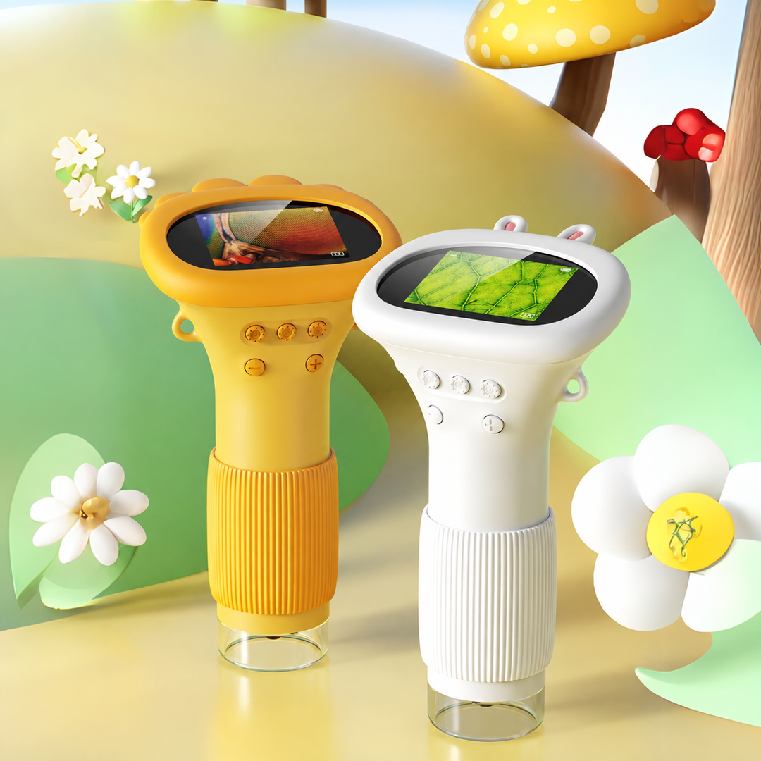 Yellow and white handheld microscopes with close-up views on their screens.