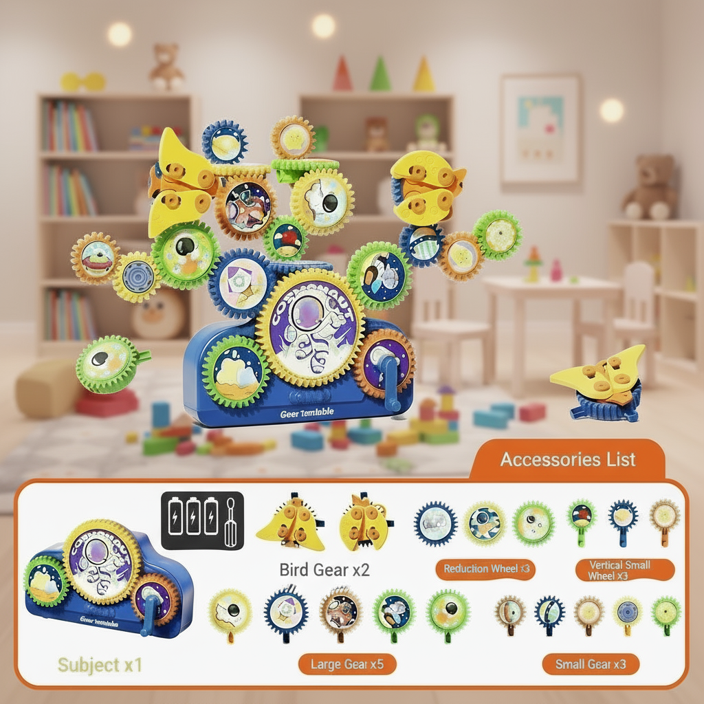 Assembled gear set with a wide layout and an illustrated accessories list beneath it.