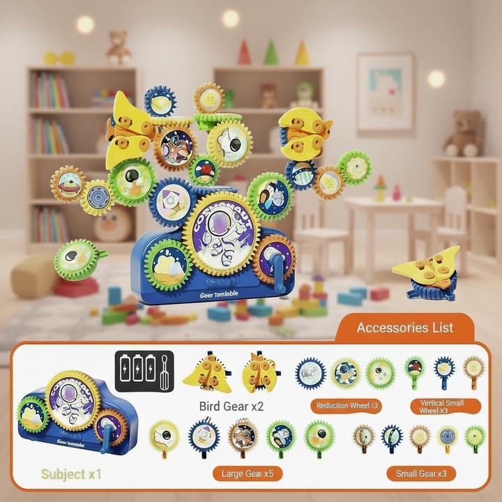 Assembled gear set with a wide layout and an illustrated accessories list beneath it.