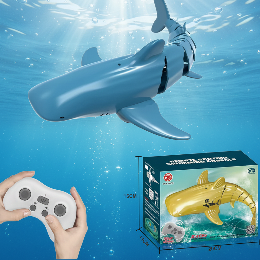 Wide-headed blue RC shark displayed with a handheld controller and retail box