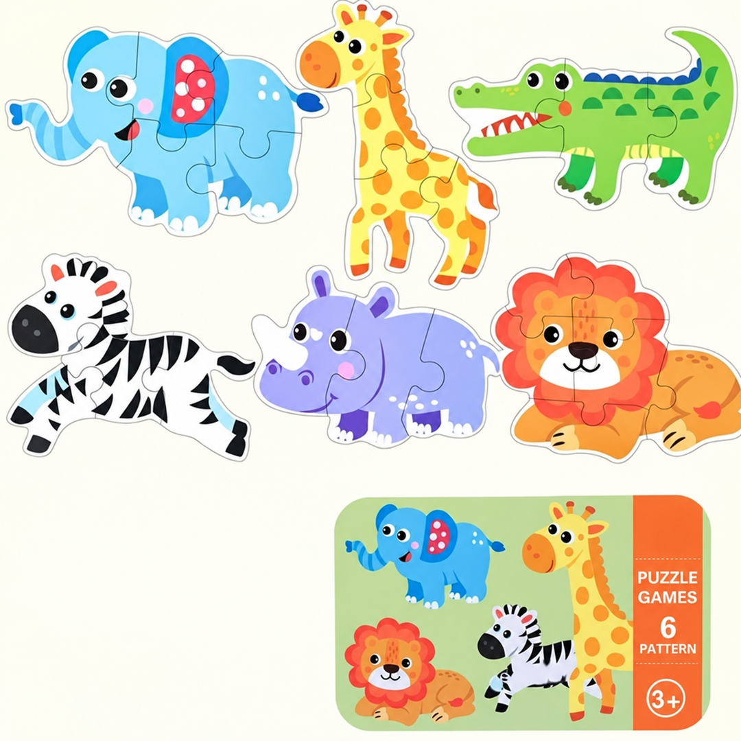 Six wild animal puzzles, including an elephant and lion, with a matching storage tin