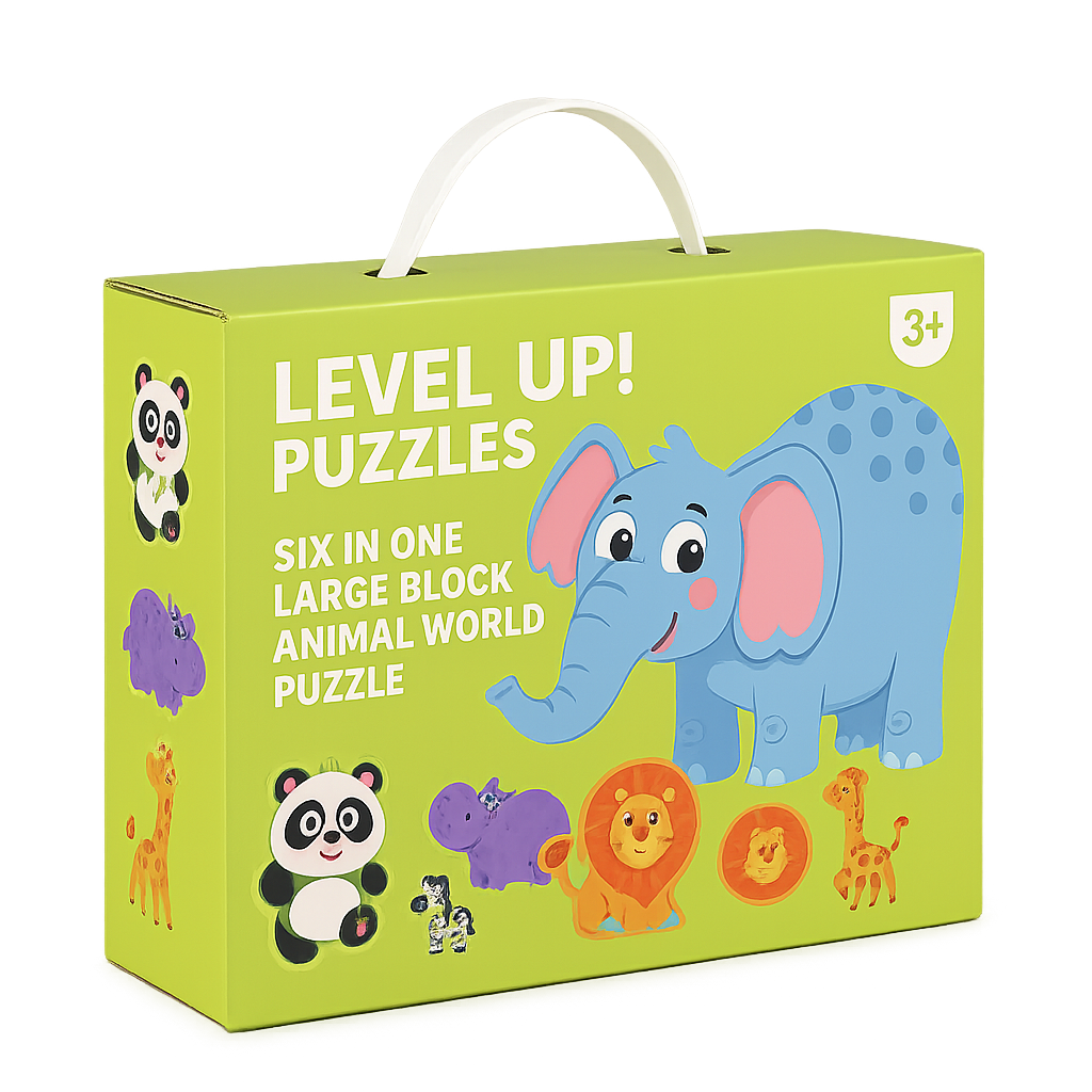 Green animal puzzle box featuring an elephant, panda, and lion
