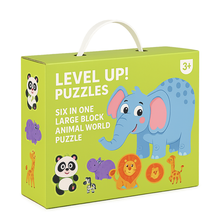 Green animal puzzle box featuring an elephant, panda, and lion