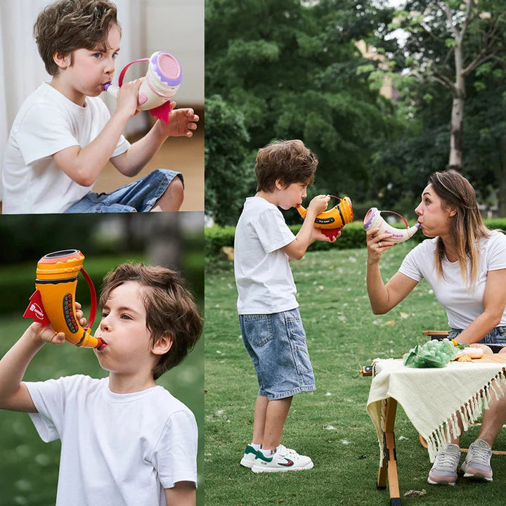 Collage of a child using a toy horn and sharing outdoor play with an adult