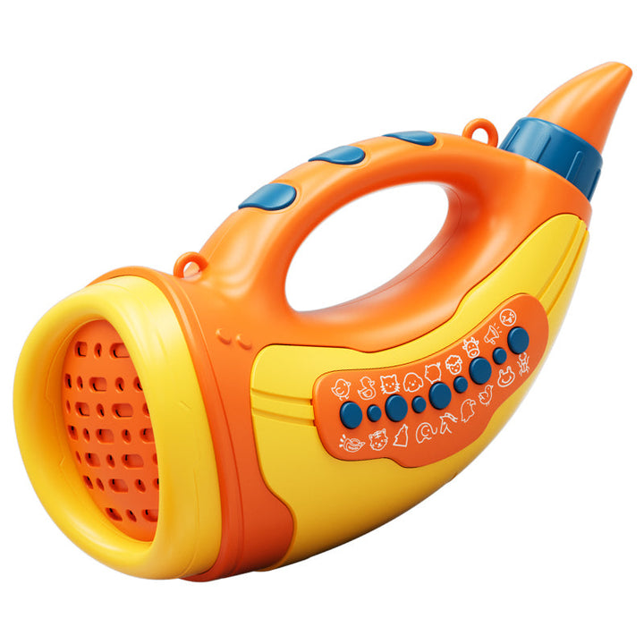 Orange and yellow toy horn with a built-in handle, blue buttons, and an animal sound panel