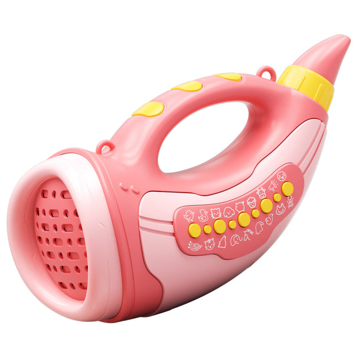 Pink toy horn with a built-in handle, yellow buttons, and animal symbols