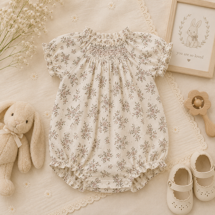 Floral baby romper with short sleeves and smocking around the neckline.