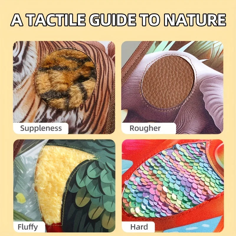 Texture details on tiger, elephant, parrot, and fish illustrations in the animal sensory book.