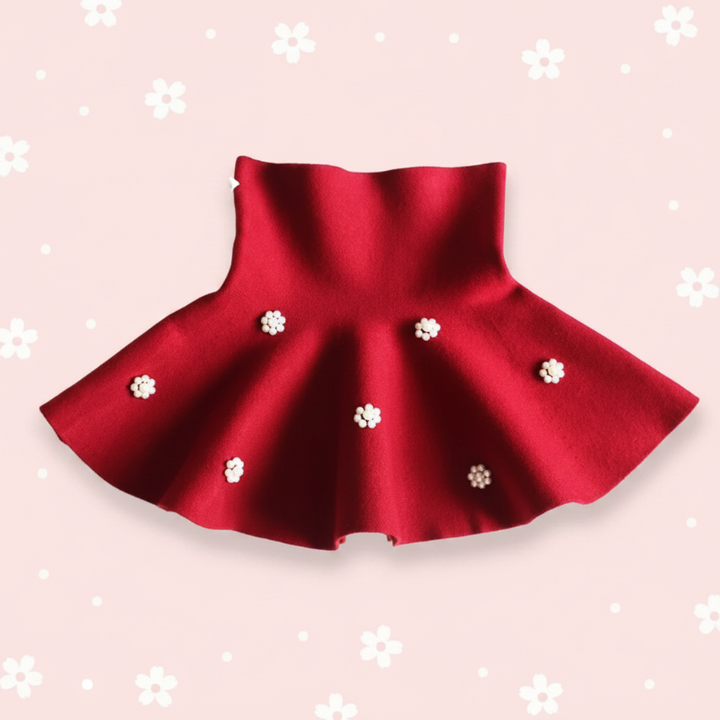 Wine red knit skirt with floral bead clusters and a wide waistband