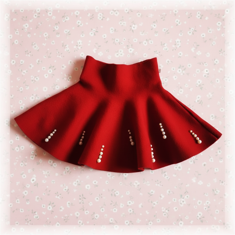 Wine red knit skirt with short vertical rows of pearl-style beads