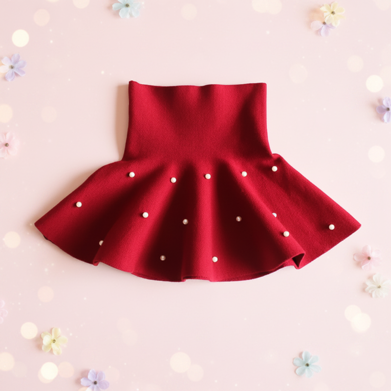 Wine red A-line knit skirt with scattered pearl-style bead accents