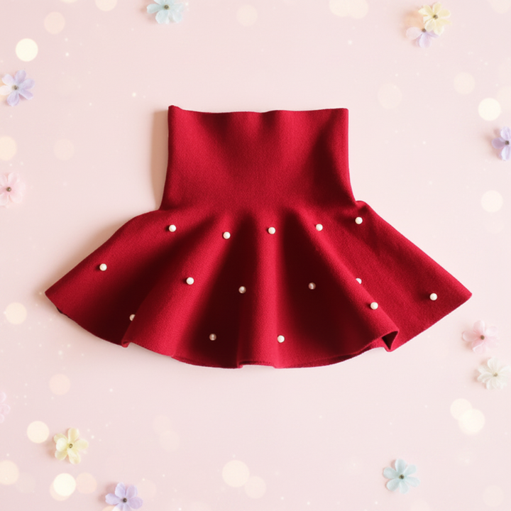 Wine red A-line knit skirt with scattered pearl-style bead accents