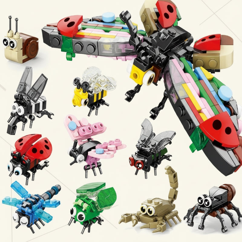 Colorful winged insect block model surrounded by smaller bug builds