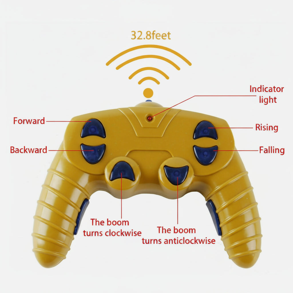 Yellow wireless controller diagram identifying directional, rotation and lifting buttons.