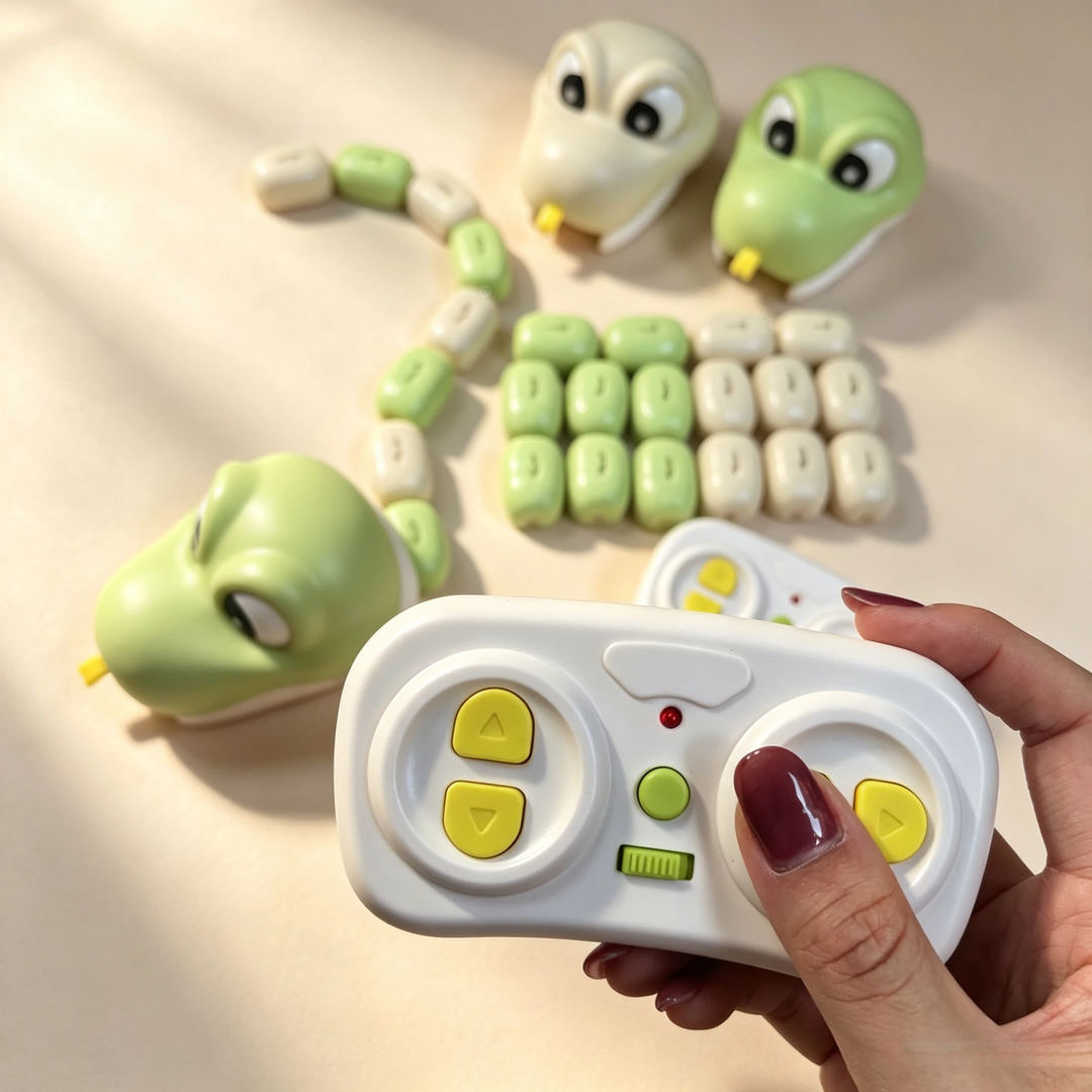 Close-up of the white wireless controller with yellow directional buttons beside snake toy pieces