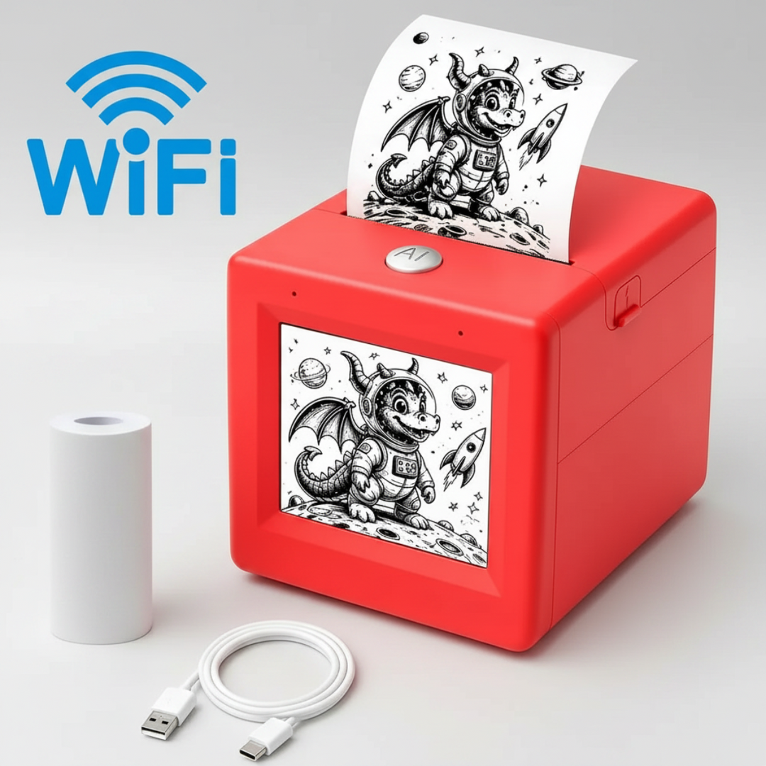 Wi-Fi graphic beside a red sticker printer, paper roll, and USB cable