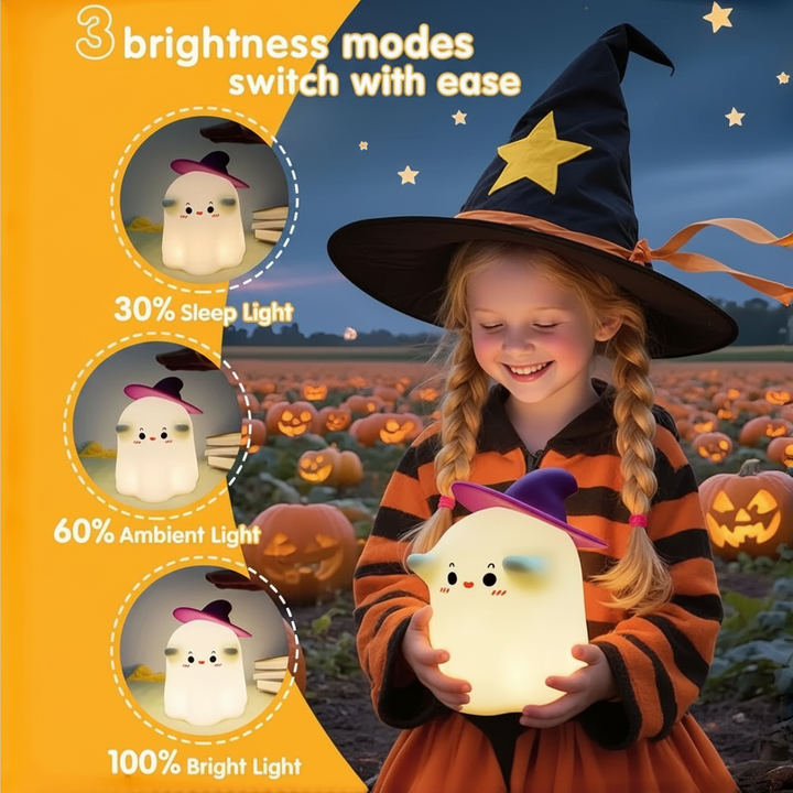Child holding a wizard night light beside three brightness-setting examples