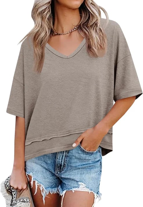 Womens V Neck Flowy Short Sleeve Top Product Image 01
