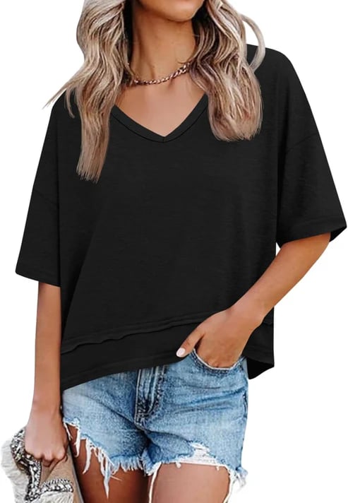 Womens V Neck Flowy Short Sleeve Top Product Image 02