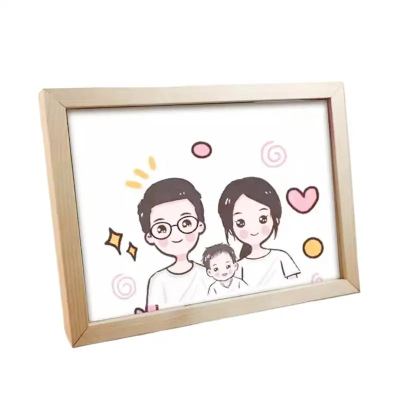 Wooden art frame displaying an illustrated family portrait