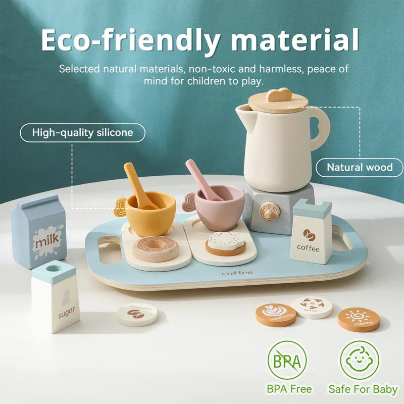 Toy tea set display showing wood and silicone pieces with cups, spoons, and pretend drink cartons