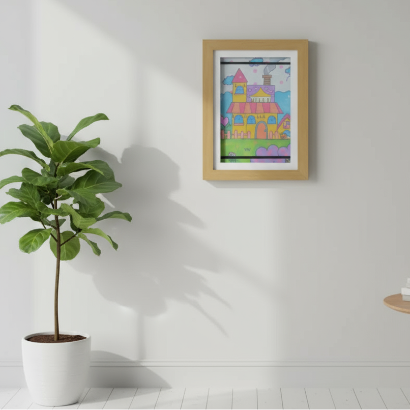 Wood-tone art frame with a colorful castle drawing beside a potted plant