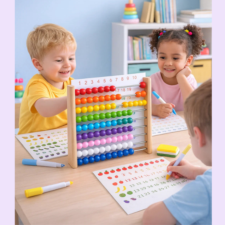 Children practicing with a wooden abacus and illustrated counting sheets