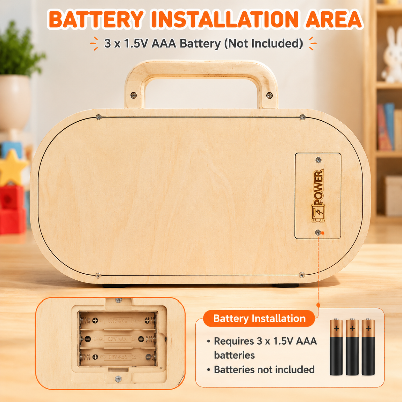 Back of the wooden activity board with its compartment for three AAA batteries, not included