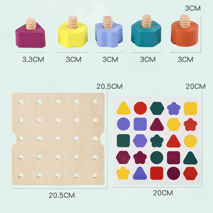 Measurement chart showing the 20.5 cm wooden board, 20 cm pattern card, and colored shape screws