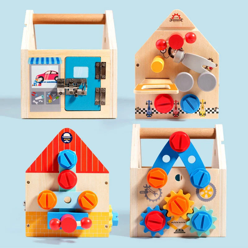 Four sides of the wooden activity box showing a latch, knobs, gears, and building pieces